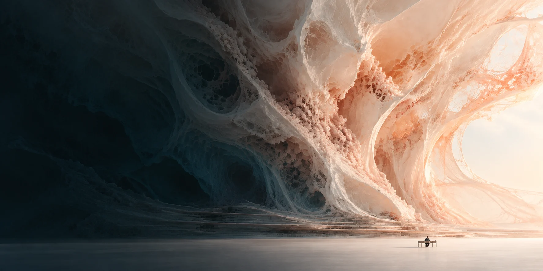 A person at a table beneath vast, translucent folds opening into light.